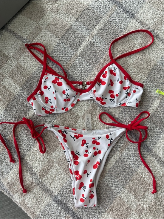 None Other - Cherry Print White & Red Tie-Side Bikini
